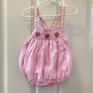 Petit Bebe Pink Strawberry Smocked Bubble Romper Girls Size 24 Months